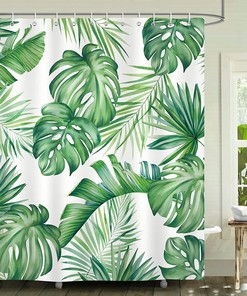 Tropical Green Plant Shower Curtain - Botanical Bathroom Decor, Banana Leaves And Flowers Theme, Unique Shower Curtain