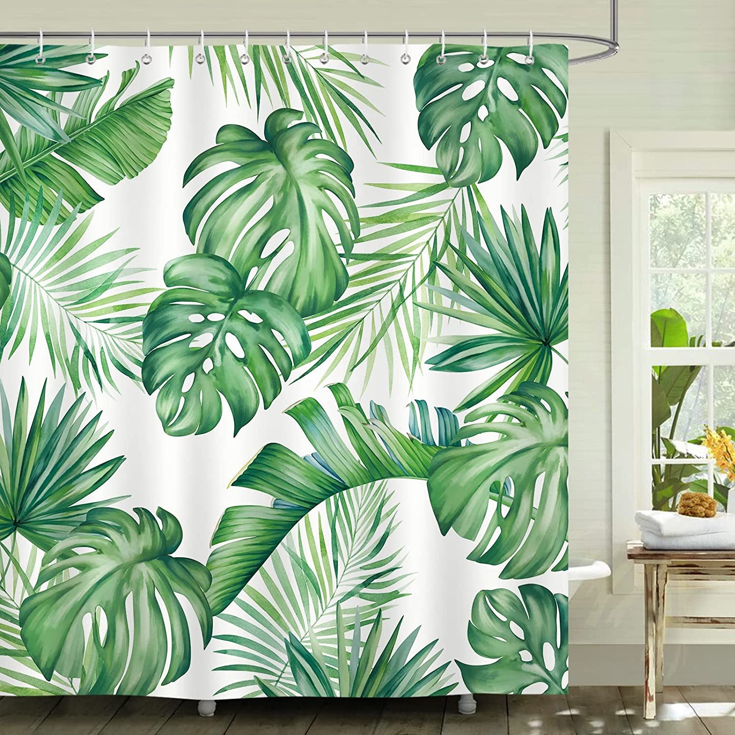 Tropical Green Plant Shower Curtain - Botanical Bathroom Decor, Banana Leaves And Flowers Theme, Unique Shower Curtain