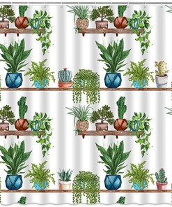 Tropical Green Succulent Flower Potted Cactus Plant Shower Curtain for a modern and waterproof bathroom decor