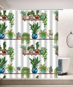 Tropical Green Succulent Flower Potted Cactus Plant Shower Curtain for a modern and waterproof bathroom decor