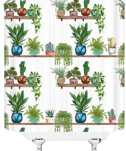 Tropical Green Succulent Flower Potted Cactus Plant Shower Curtain for a modern and waterproof bathroom decor