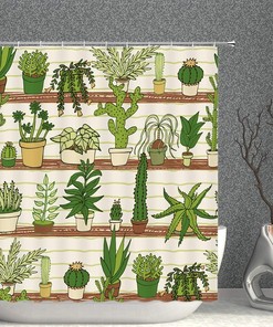 Tropical Green Succulent Potted Cactus Flower Garden Print Shower Curtain Fabric For Your Bathroom