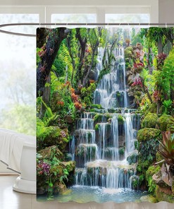 Tropical Green Tree Forest Waterfall Nature Landscape Shower Curtain for Bathroom 