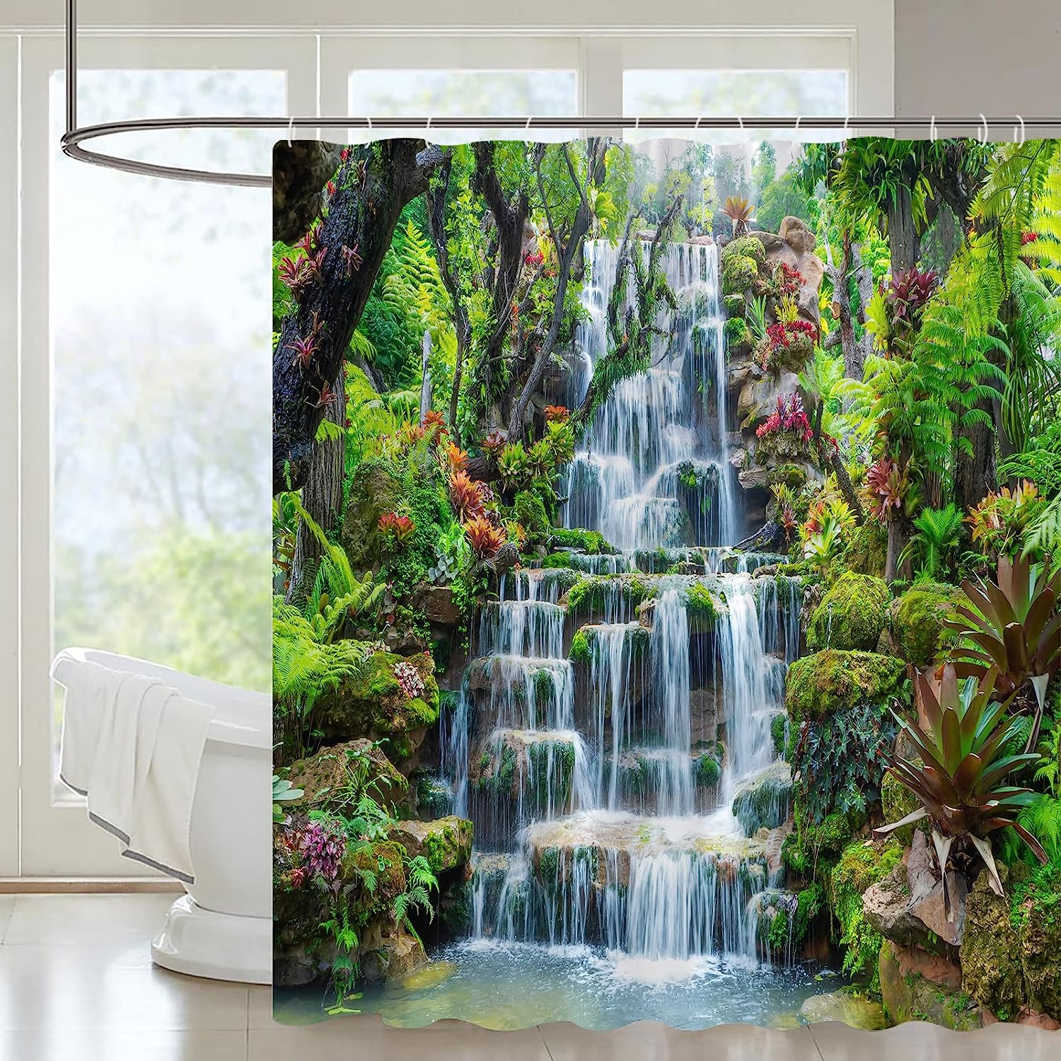 Tropical Green Tree Forest Waterfall Nature Landscape Shower Curtain for Bathroom