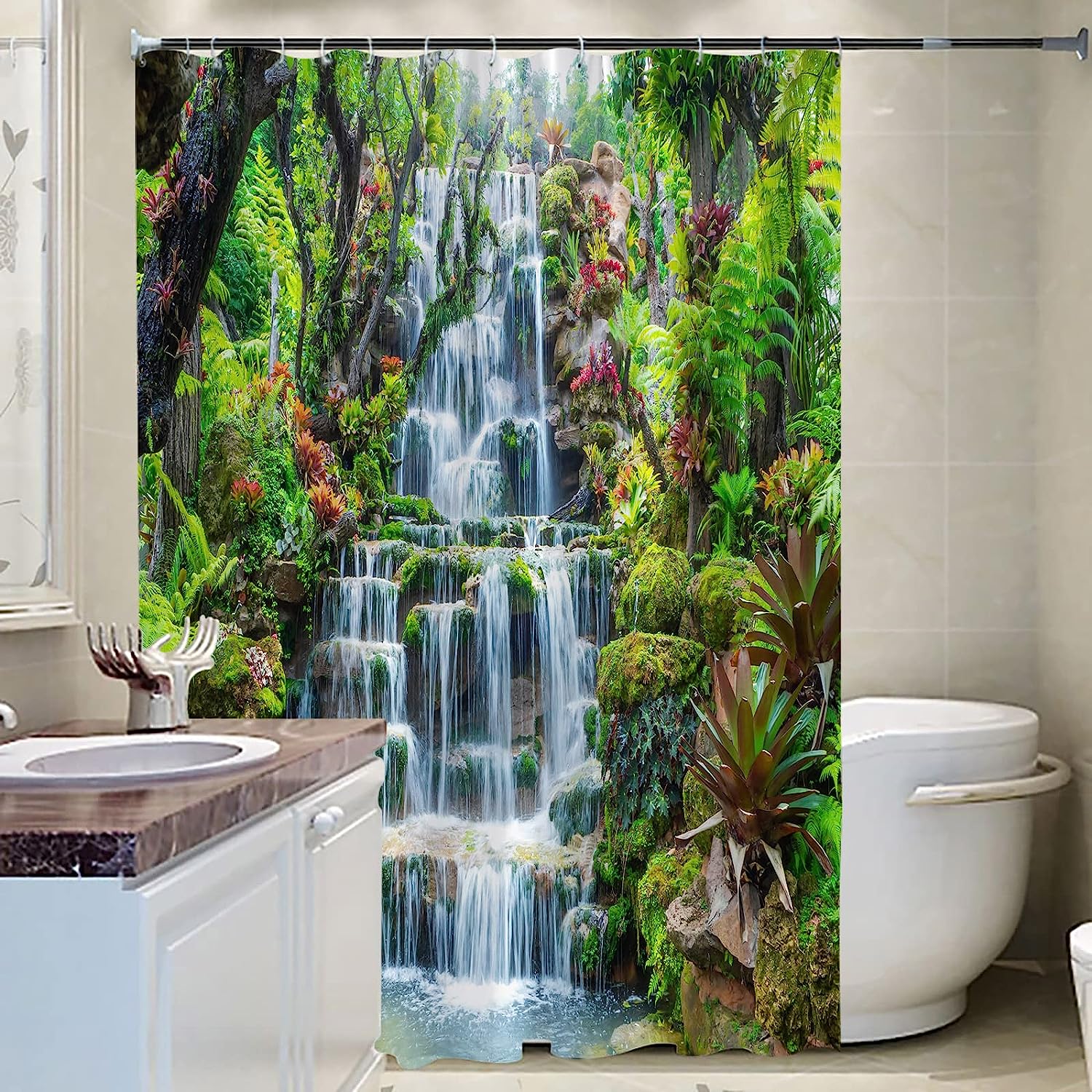 Tropical Green Tree Forest Waterfall Nature Landscape Shower Curtain for Bathroom