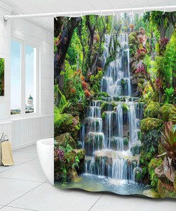 Tropical Green Tree Forest Waterfall Nature Landscape Shower Curtain for Bathroom