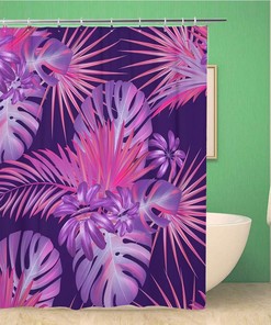 Tropical Hawaiian Monstera Plants Violet Pattern Shower Curtain