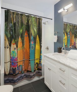Tropical Hawaiian Surfboards Print Shower Curtain For Colorful Bathroom Decor, Waterproof & Washable