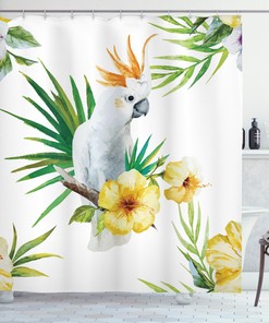 Tropical Hibiscus Flowers And Cockatoo Wildlife Pattern Shower Curtain For Bathroom