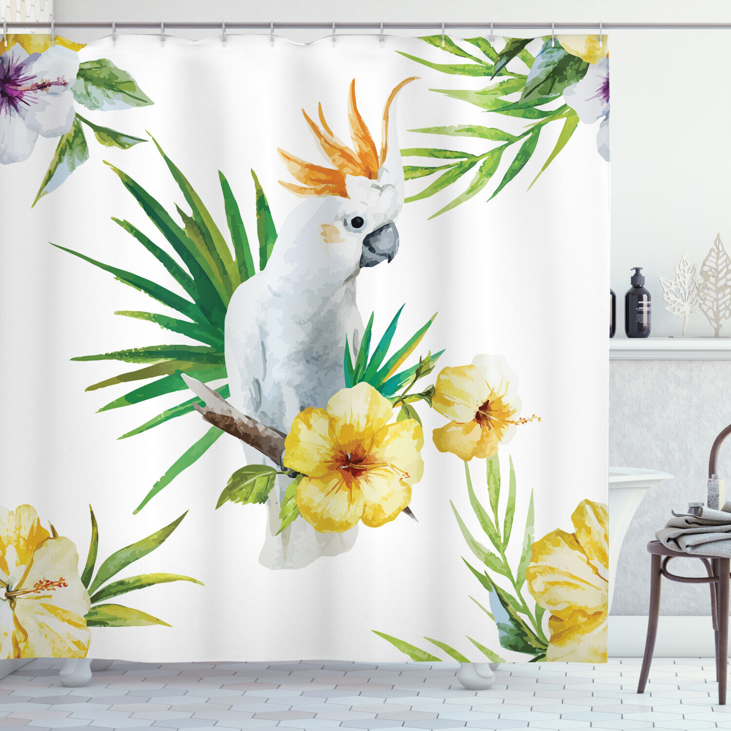 Tropical Hibiscus Flowers And Cockatoo Wildlife Pattern Shower Curtain For Bathroom