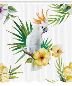 Tropical Hibiscus Flowers And Cockatoo Wildlife Pattern Shower Curtain For Bathroom