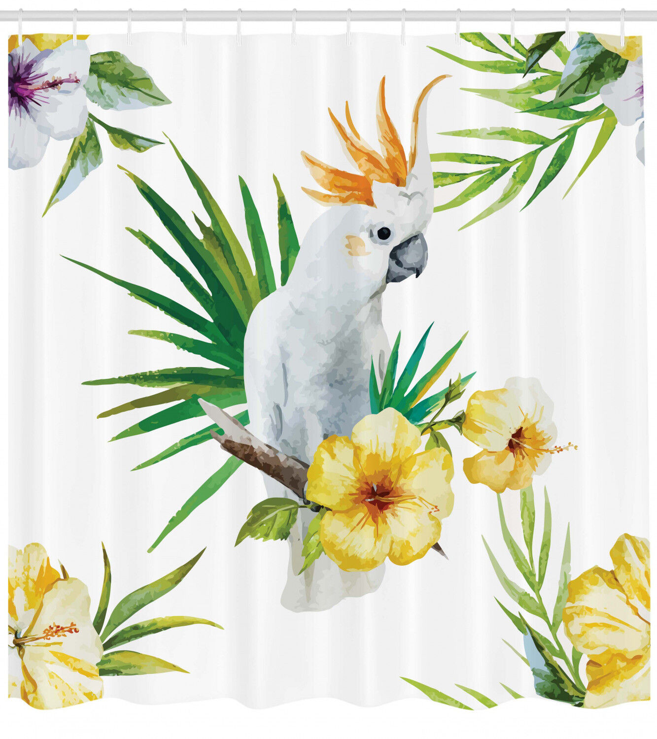 Tropical Hibiscus Flowers And Cockatoo Wildlife Pattern Shower Curtain For Bathroom