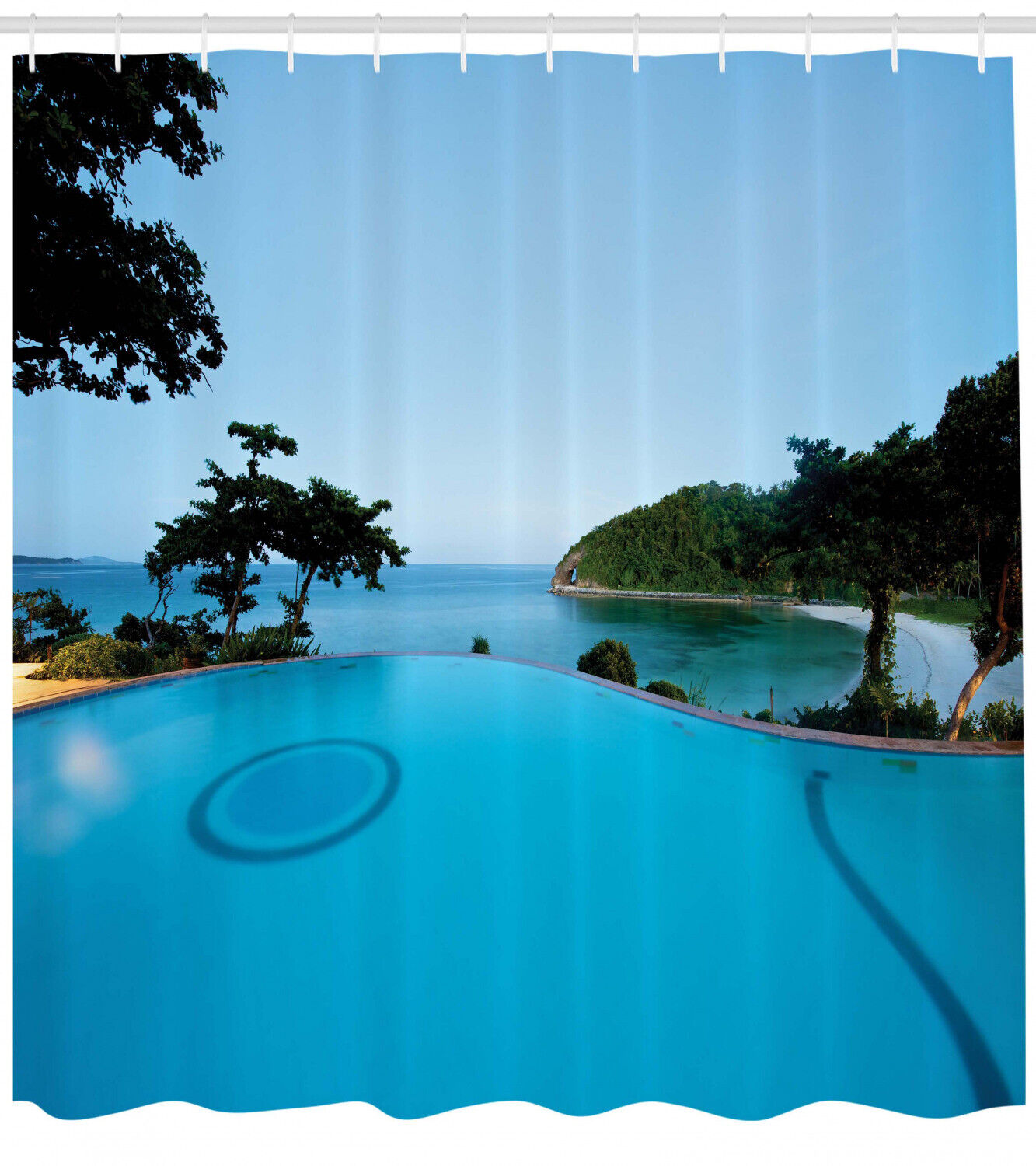 Tropical Island Print Turquoise Shower Curtain for a Beachy Bathroom