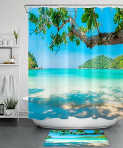 Tropical Island Shower Curtain Waterproof Fabric with Green Leaves Design for Bathroom