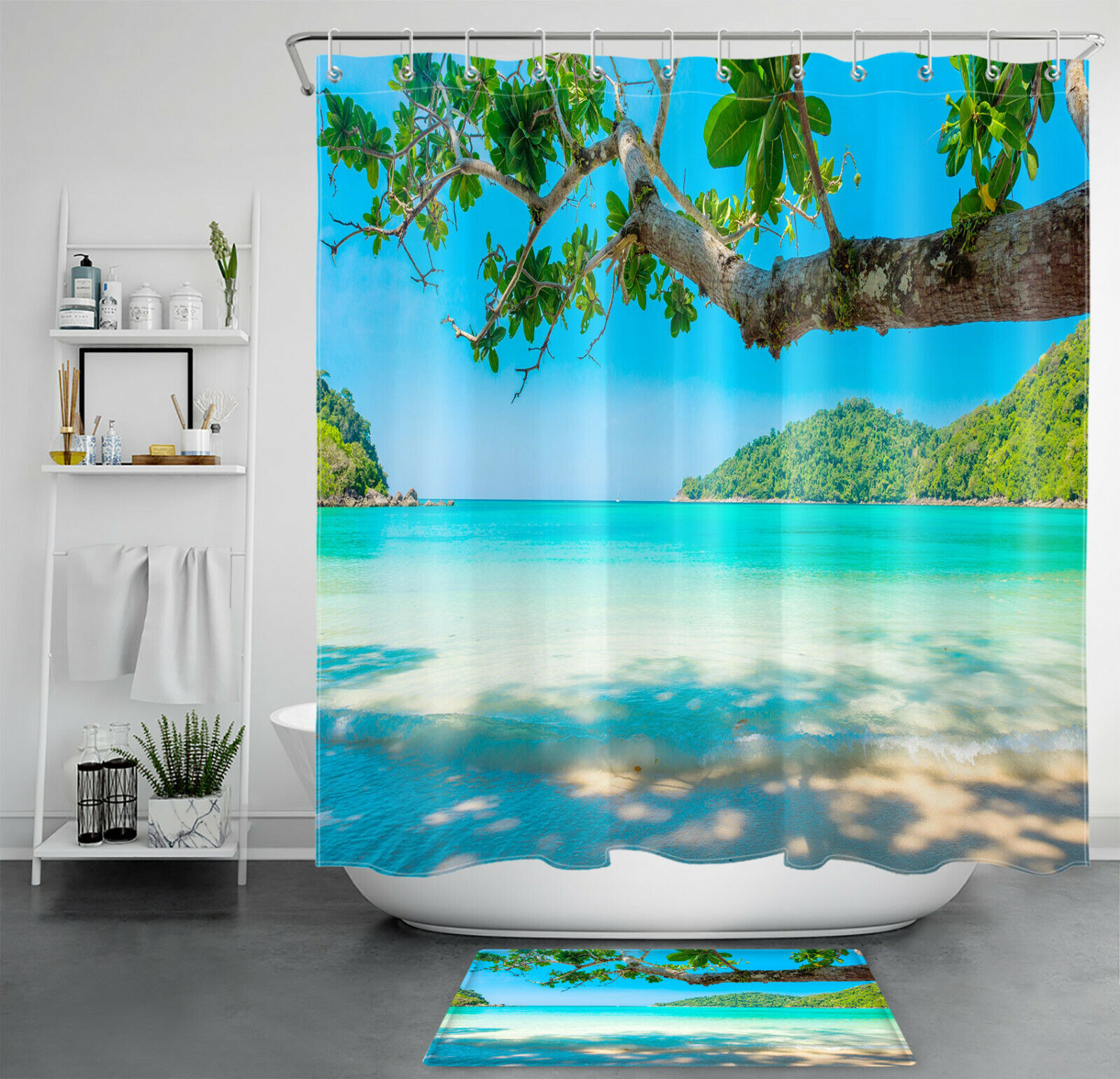 Tropical Island Shower Curtain Waterproof Fabric with Green Leaves Design for Bathroom