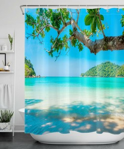 Tropical Island Shower Curtain Waterproof Fabric with Green Leaves Design for Bathroom