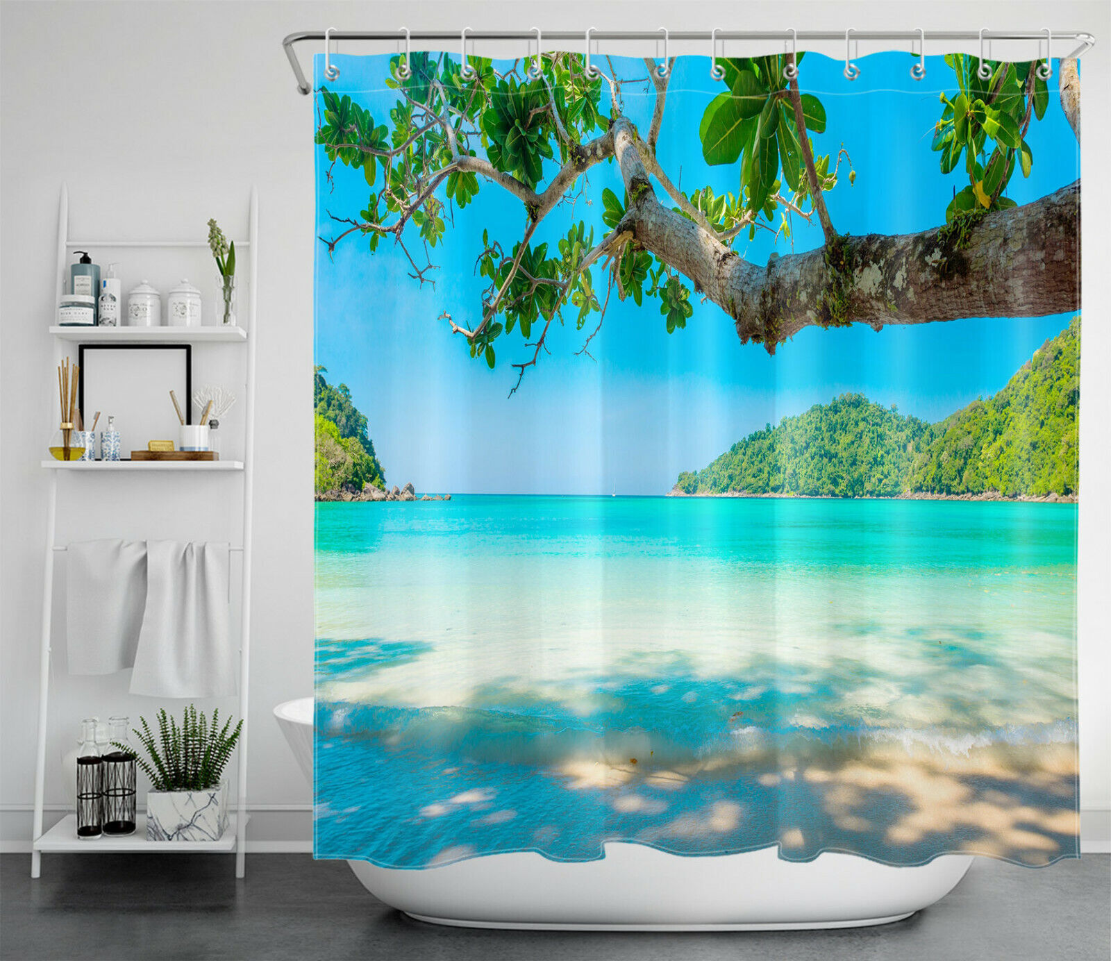 Tropical Island Shower Curtain Waterproof Fabric with Green Leaves Design for Bathroom