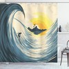 Tropical Island Wave Shower Curtain, Surfer At Sunset Seascape Print, Cloth Bathroom Decor