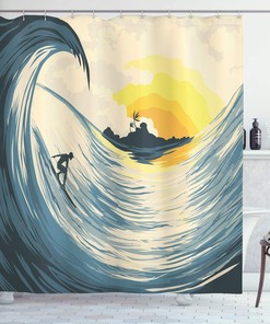 Tropical Island Wave Shower Curtain, Surfer At Sunset Seascape Print, Cloth Bathroom Decor