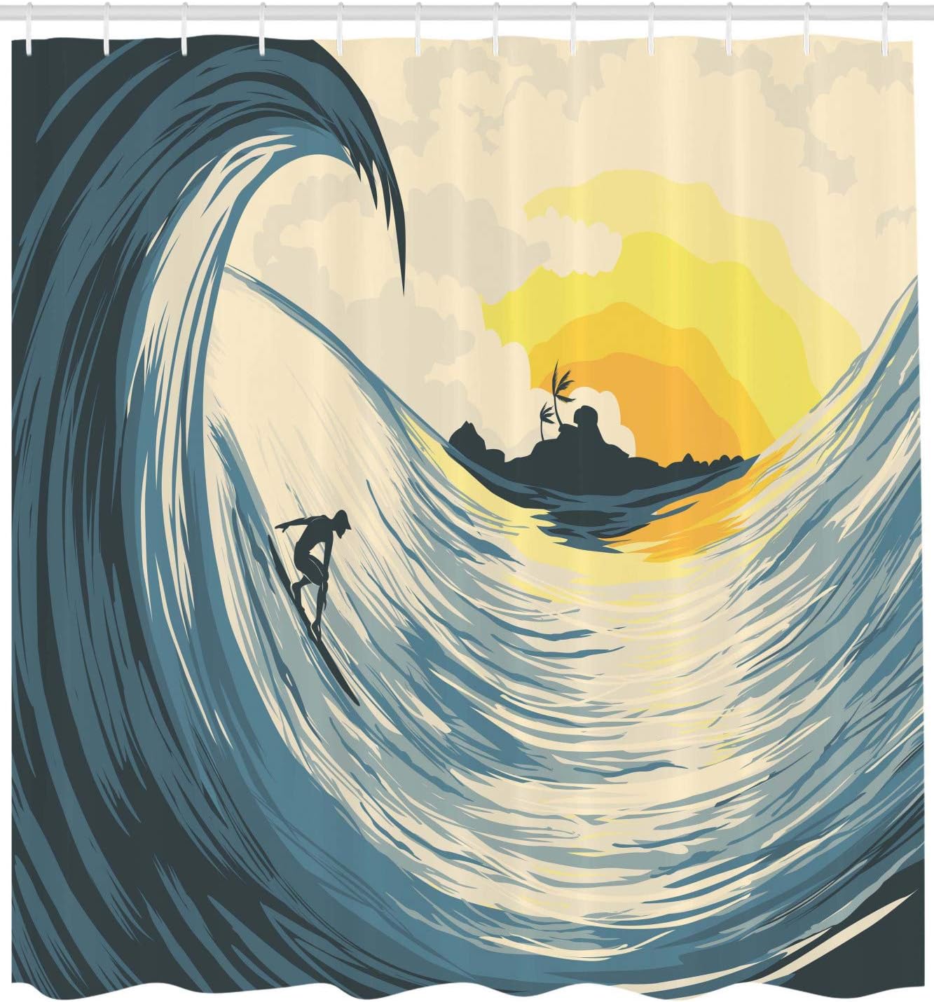 Tropical Island Wave Shower Curtain, Surfer At Sunset Seascape Print, Cloth Bathroom Decor - Image 2