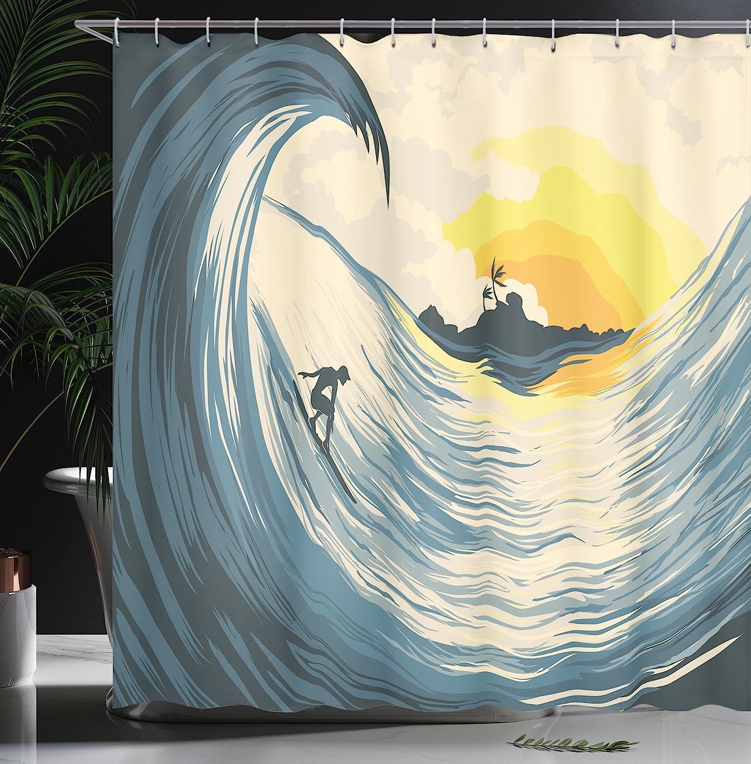Tropical Island Wave Shower Curtain, Surfer At Sunset Seascape Print, Cloth Bathroom Decor - Image 3