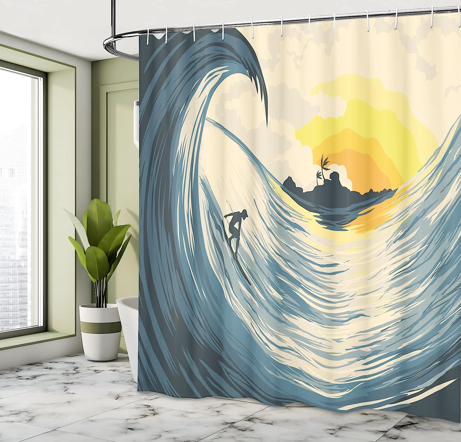 Tropical Island Wave Shower Curtain, Surfer At Sunset Seascape Print, Cloth Bathroom Decor - Image 4