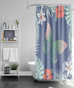 Tropical Islands Flowers Butterfly Fabric Shower Curtain For Hawaiian Vibe