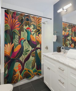 Tropical Jungle Birds Of Paradise Printed Shower Curtain, Vibrant And Colorful Bathroom Decor