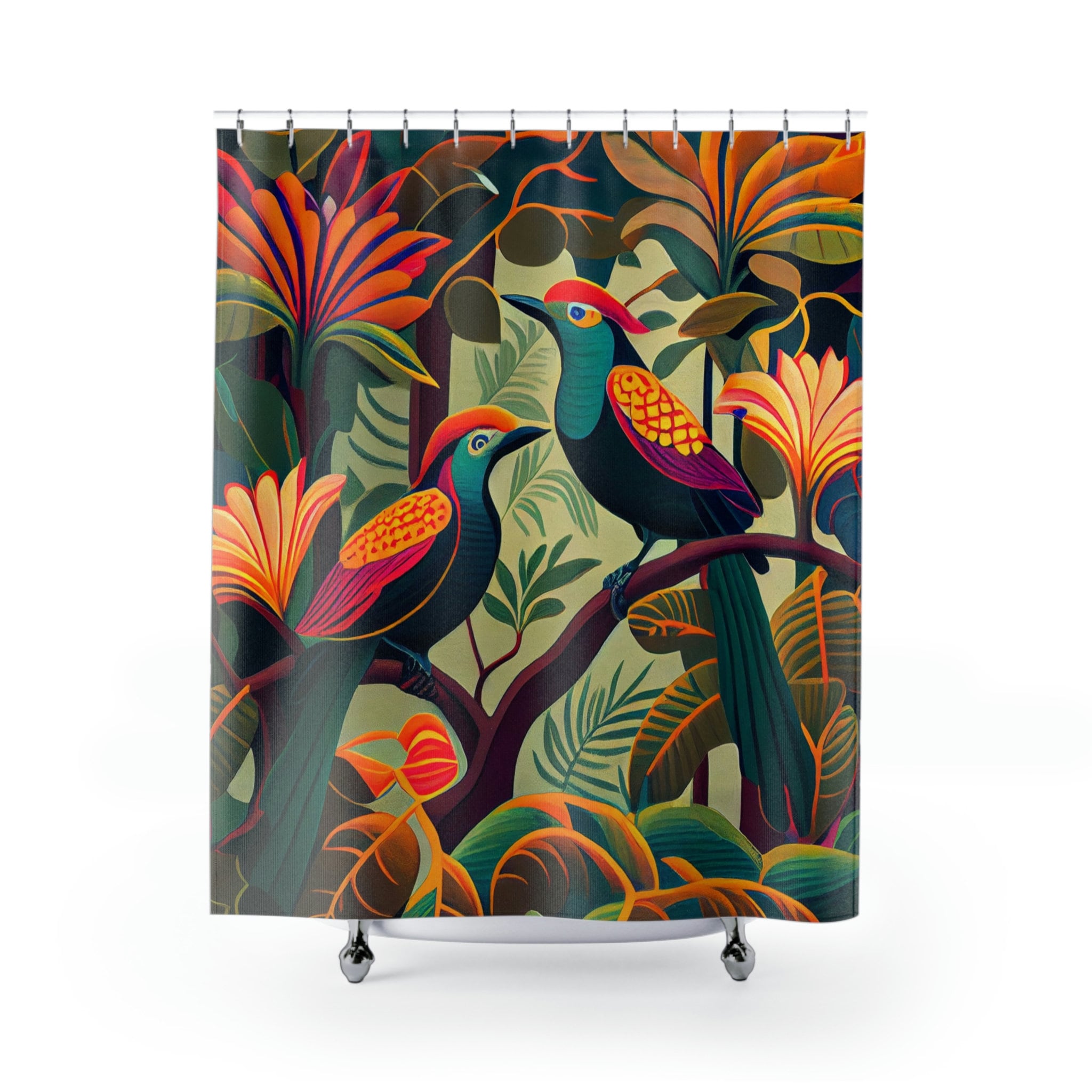 Tropical Jungle Birds Of Paradise Printed Shower Curtain, Vibrant And Colorful Bathroom Decor - Image 2