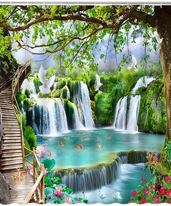 Tropical Jungle Forest Waterfall Shower Curtain With Wild Animals And Nature Landscape Scene For Bathroom Decor