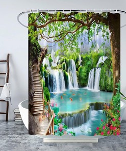 Tropical Jungle Forest Waterfall Shower Curtain With Wild Animals And Nature Landscape Scene For Bathroom Decor