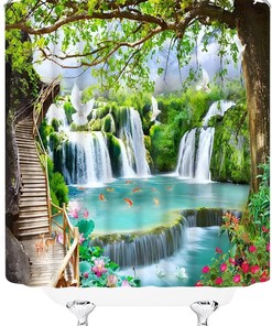 Tropical Jungle Forest Waterfall Shower Curtain With Wild Animals And Nature Landscape Scene For Bathroom Decor