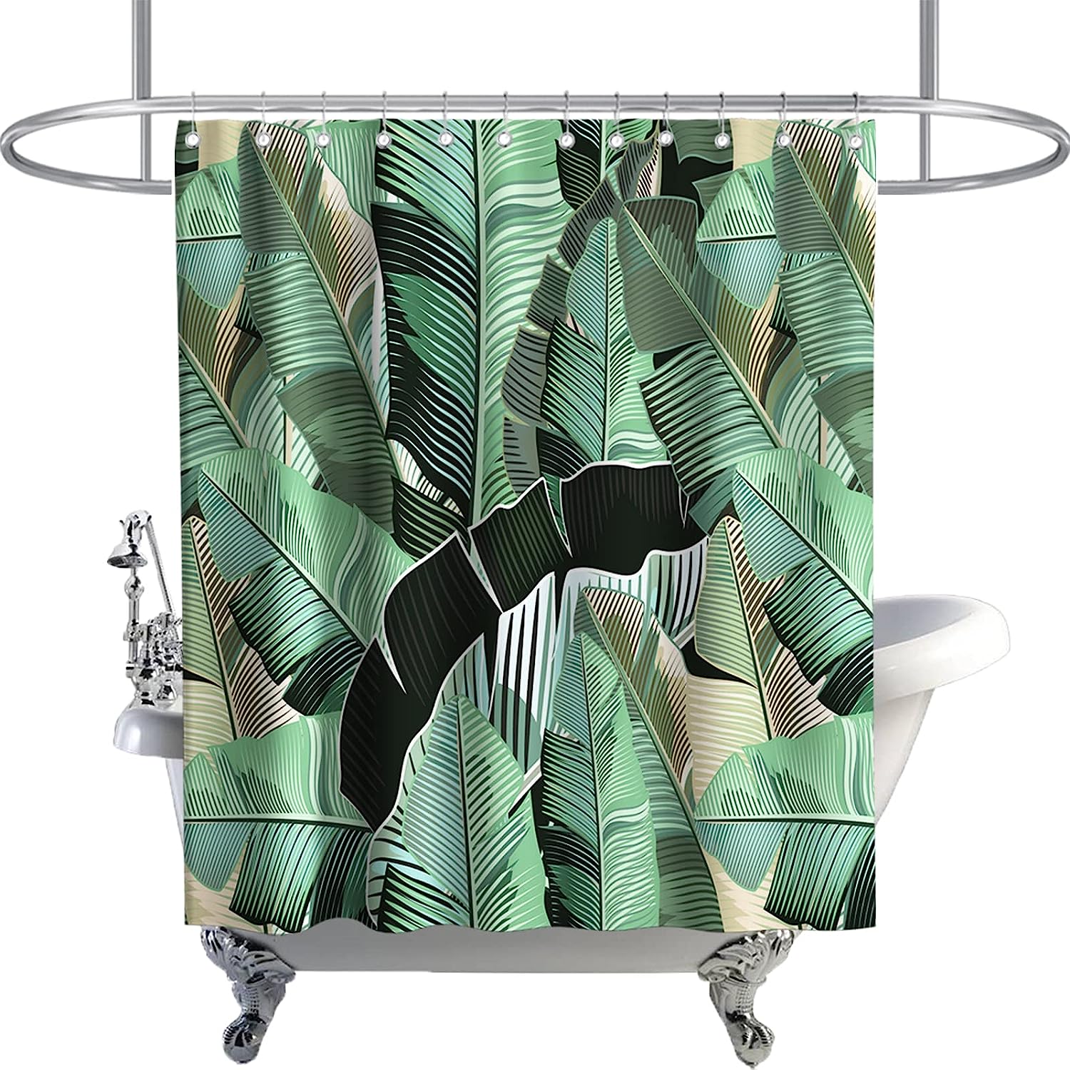 Tropical Jungle Green Banana Leaf Print Shower Curtain Palm Leaves Bathroom Decor Waterproof