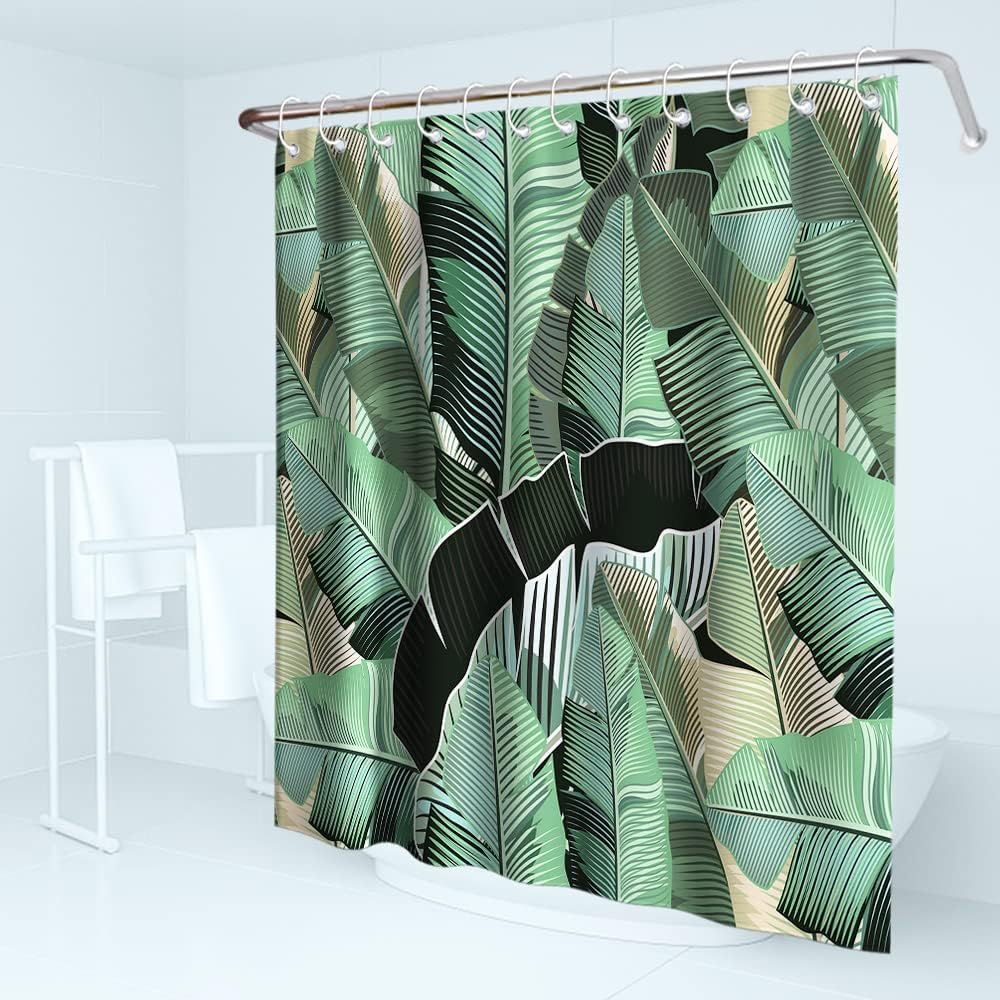 Tropical Jungle Green Banana Leaf Print Shower Curtain Palm Leaves Bathroom Decor Waterproof
