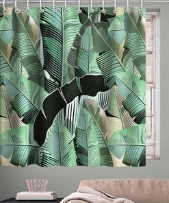 Tropical Jungle Green Banana Leaf Print Shower Curtain Palm Leaves Bathroom Decor Waterproof