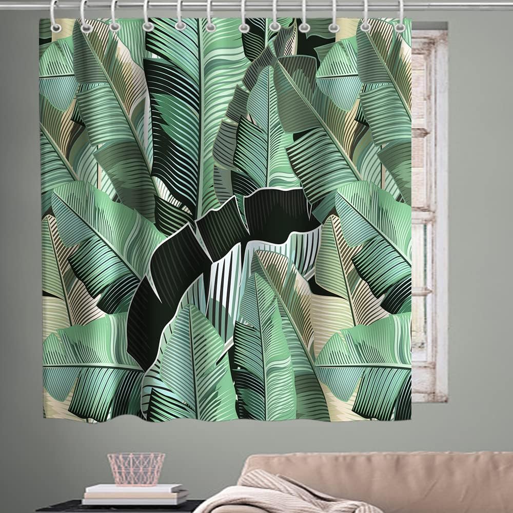 Tropical Jungle Green Banana Leaf Print Shower Curtain Palm Leaves Bathroom Decor Waterproof