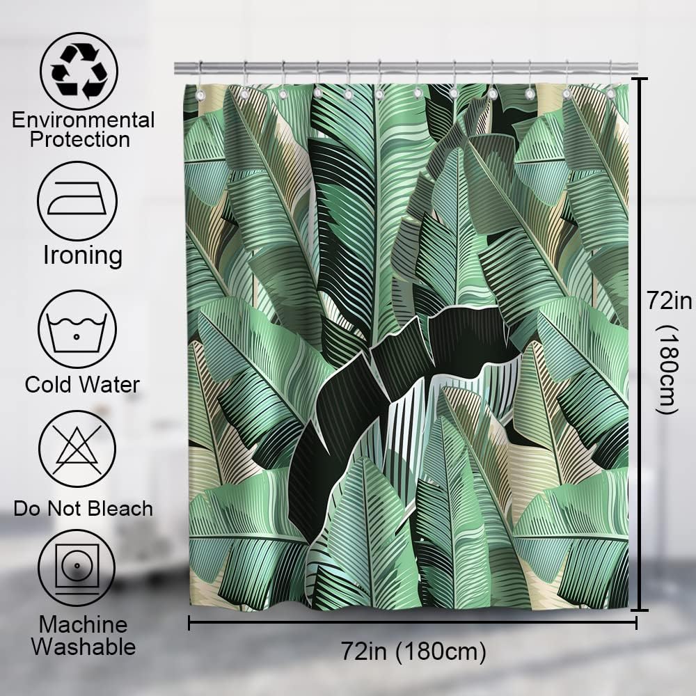 Tropical Jungle Green Banana Leaf Print Shower Curtain Palm Leaves Bathroom Decor Waterproof