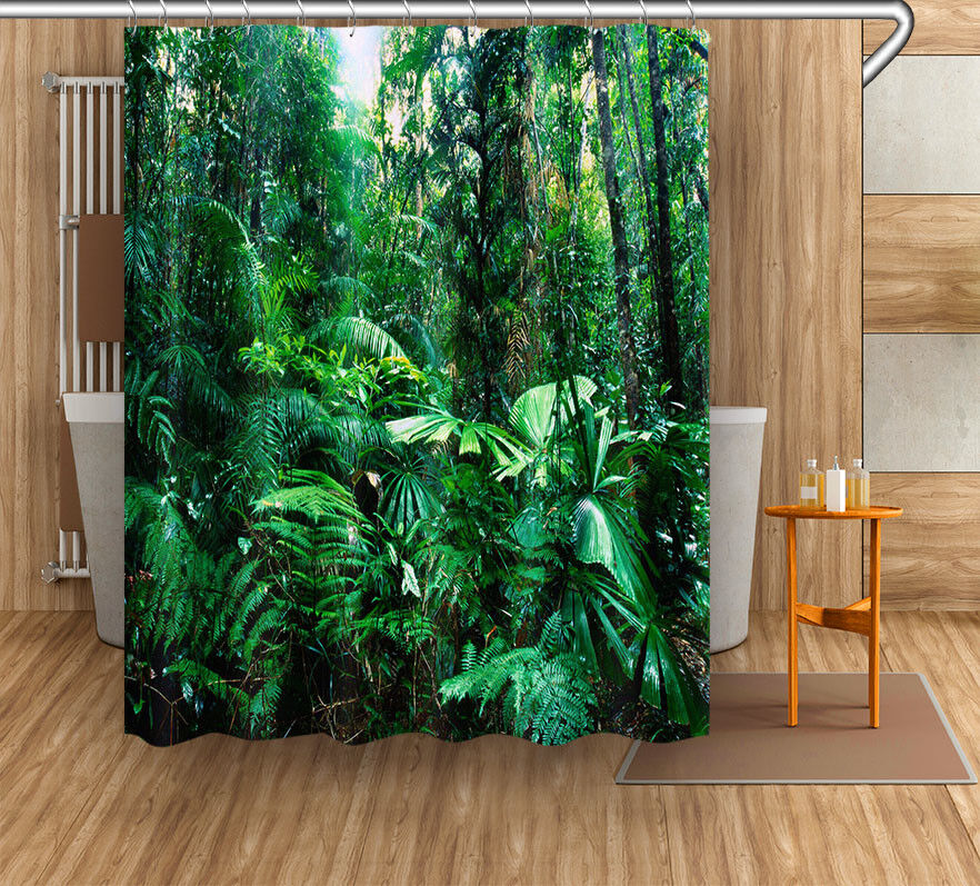 Tropical Jungle Green Leaves Fabric Shower Curtain With Colorful Design For Bathrooms