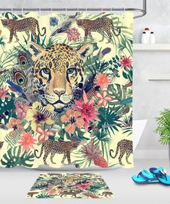 Tropical Jungle Green Leaves & Flowers Leopard Shower Curtain for Vibrant Bathroom Decor