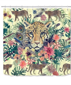 Tropical Jungle Green Leaves & Flowers Leopard Shower Curtain for Vibrant Bathroom Decor