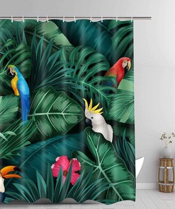 Tropical Jungle Leaves Parrot Shower Curtain, Nature Scenery Artwork For Botanical Bathroom Decor 