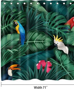 Tropical Jungle Leaves Parrot Shower Curtain, Nature Scenery Artwork For Botanical Bathroom Decor