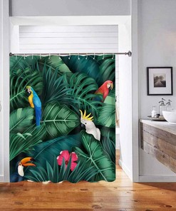 Tropical Jungle Leaves Parrot Shower Curtain, Nature Scenery Artwork For Botanical Bathroom Decor 