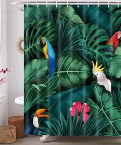 Tropical Jungle Leaves Parrot Shower Curtain, Nature Scenery Artwork For Botanical Bathroom Decor 