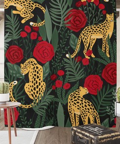 Tropical Jungle Leopard And Red Roses Floral Fabric Bathroom Shower Curtain, Restroom Decor
