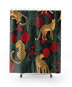 Tropical Jungle Leopard And Red Roses Floral Fabric Bathroom Shower Curtain, Restroom Decor