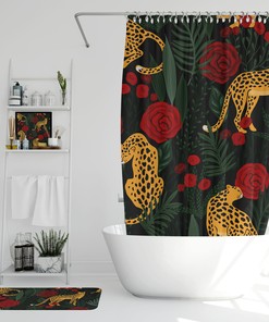 Tropical Jungle Leopard And Red Roses Floral Fabric Bathroom Shower Curtain, Restroom Decor