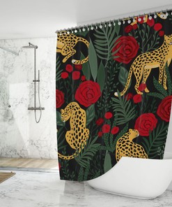 Tropical Jungle Leopard And Red Roses Floral Fabric Bathroom Shower Curtain, Restroom Decor