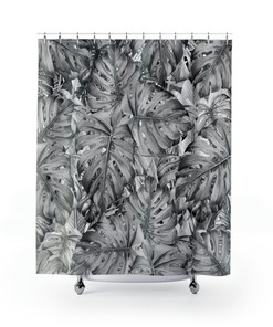 Tropical Jungle Monstera Leaves Floral Shower Curtain With Gray Ombre For Exotic Bathroom
