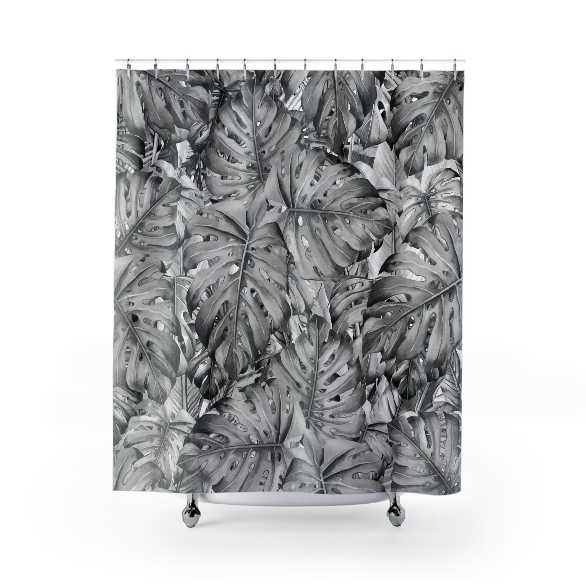 Tropical Jungle Monstera Leaves Floral Shower Curtain With Gray Ombre For Exotic Bathroom